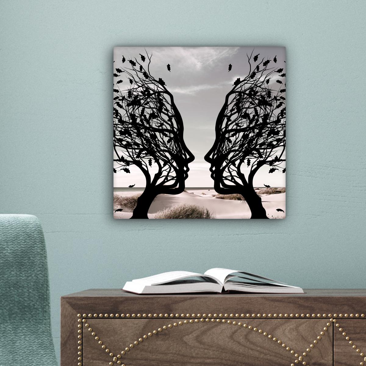 LEINWANDBILD Strand - Meer - Menschen - Baum - Moderne Kunst Deko Wohnzimmer 20x20 cm - Hellgrau, Textil (20/20cm) - MuchoWow