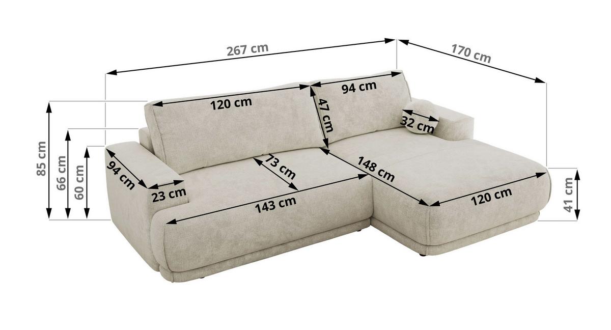 ECKSCHLAFSOFA RINA L Creme Schenille grob gewebt - links - Creme/Schwarz, Kunststoff/Textil (267/170cm) - MKS
