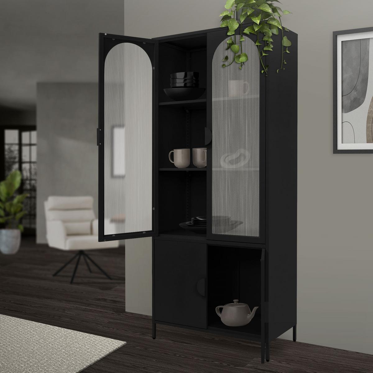 VITRINENSCHRANK 80x185x40 cm Schwarz aus Stahl mit 4 Türen - Schwarz, Metall (80/185/40cm) - ML-DESIGN