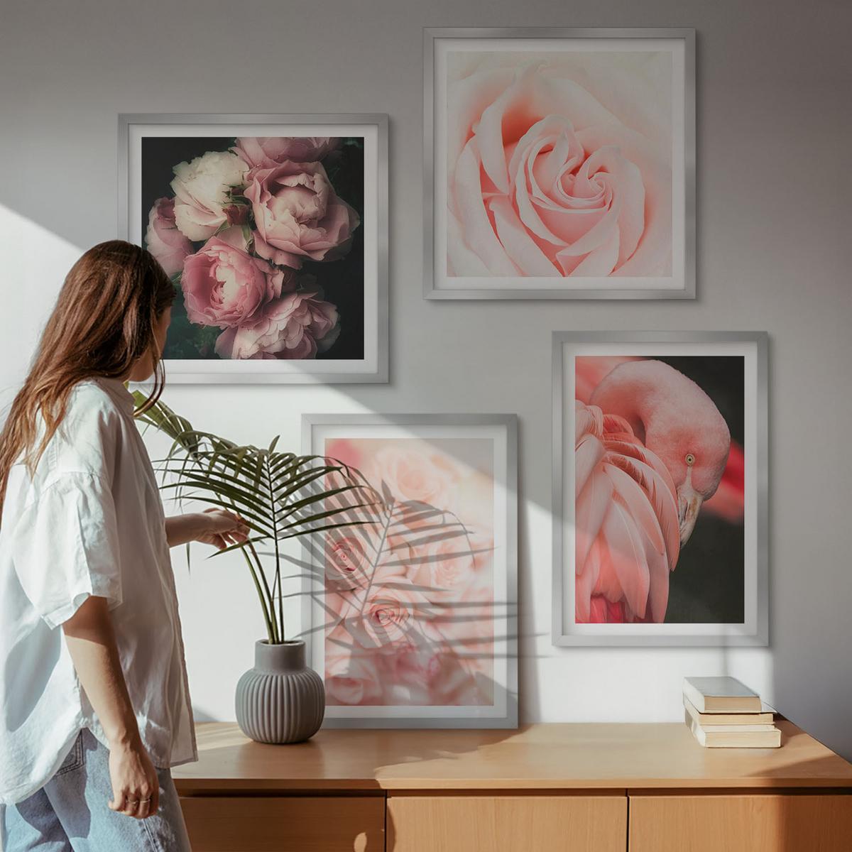 BILDER SET 4er Set - 50x50 cm & 40x60 cm Silberner Rahmen - Pastellrosa Flamingos - Silberfarben, Kunststoff (50/50cm) - TULUP