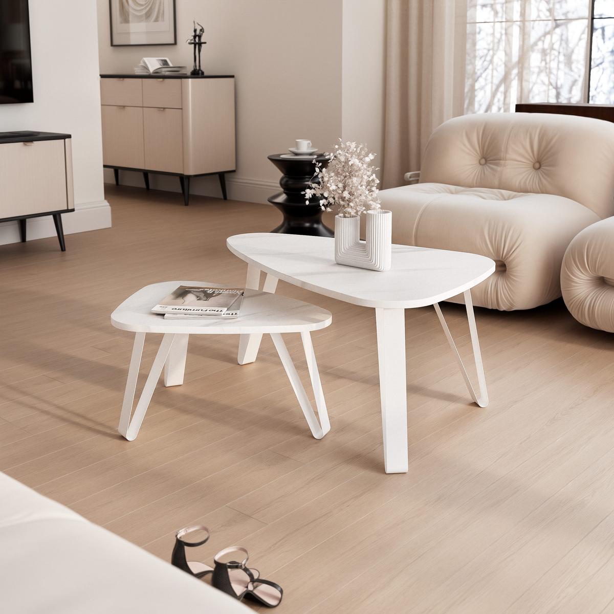 SATZTISCH NOA Stahlgestell, Freiform, Weiß / Bianco Marmor - Perlmutt/Weiß, Holzwerkstoff/Metall (94/60/42cm) - Idohome