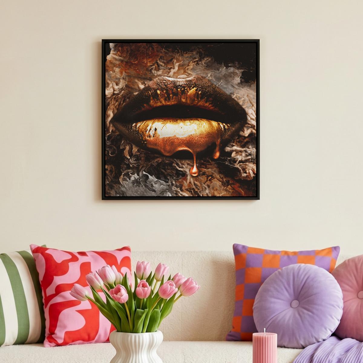 LEINWAND Bilder mit Rahmen - Gold - Lippen - Kunst - Gold - Luxus - Abstrakt - 50x50 - Kupferfarben, Textil (50/50cm) - MuchoWow
