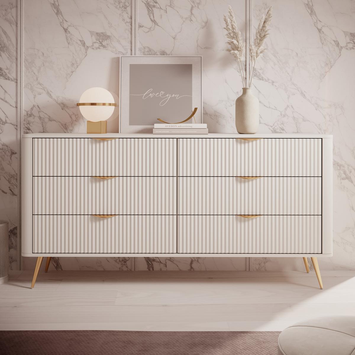 SIDEBOARD Vespasia 6S Beige 163,2/81,2/38 cm – Geriffelten Fronten - Beige/Goldfarben, Holzwerkstoff/Metall (163/81.2/38cm) - AX Living