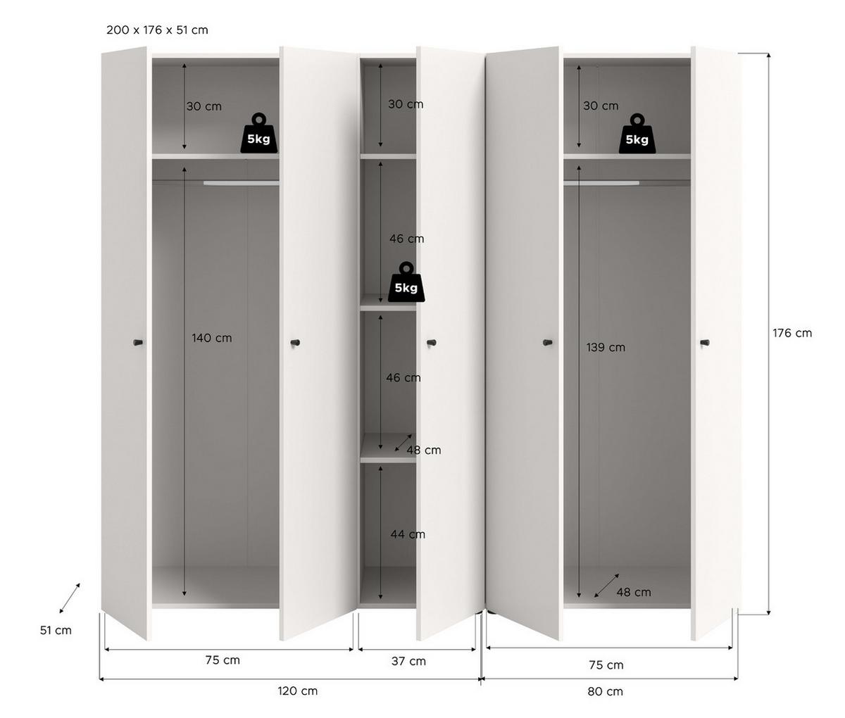 KLEIDERSCHRANK weiß 5-türig 200 cm, Drehtürenschrank mit Kleiderstangen - Schwarz/Weiß, Holzwerkstoff/Kunststoff (200/176/51cm) - Inn.Furn