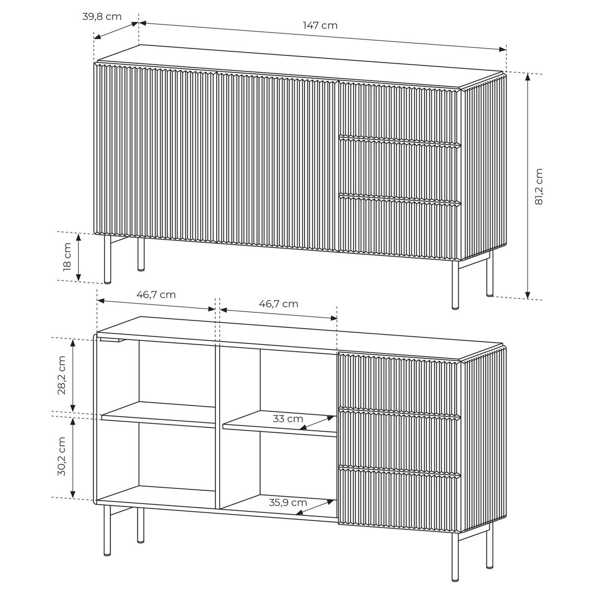 SIDEBOARD TRATTO 147/81,2/39,8cm mit 3 Schubladen 2 Türen Kaschmir - Kaschmir, Holzwerkstoff (147/81.2/39.8cm) - MASSENO