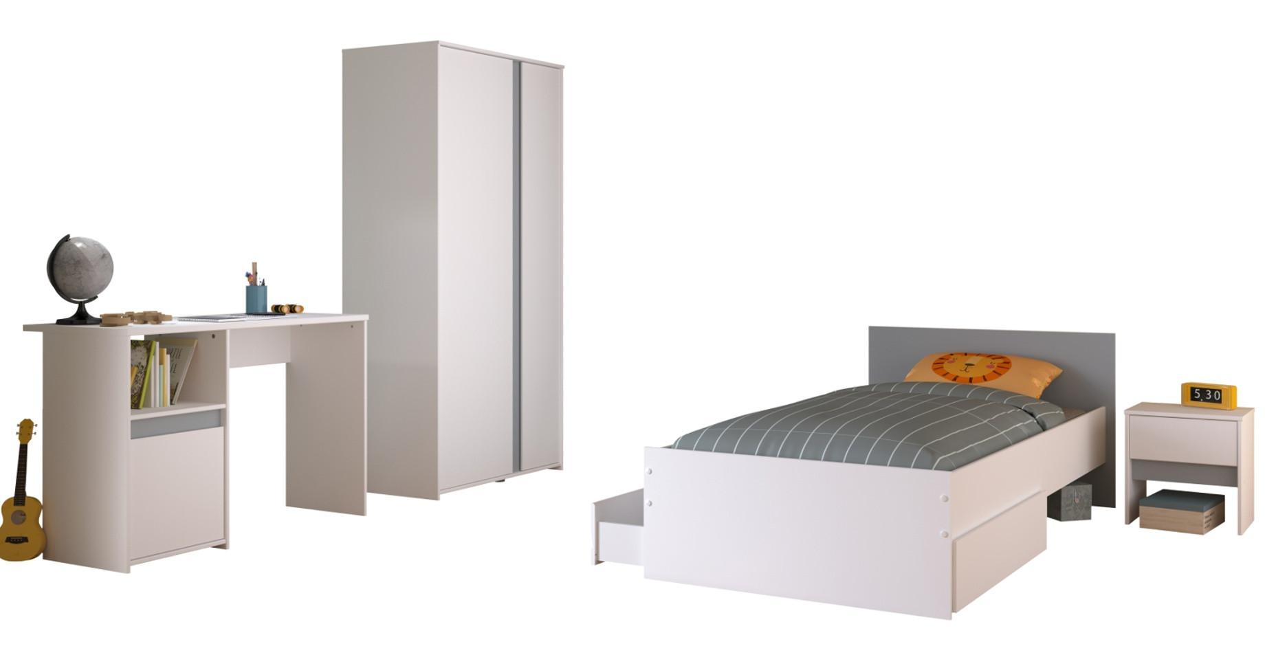 KINDERZIMMER weiß, grau oder rosa, Komplett-Set 4-teilig mit Kleiderschrank, Schreibtisch, Bett 90x200 - Weiß, Holzwerkstoff (100/182/203cm) - Parisot Meuble