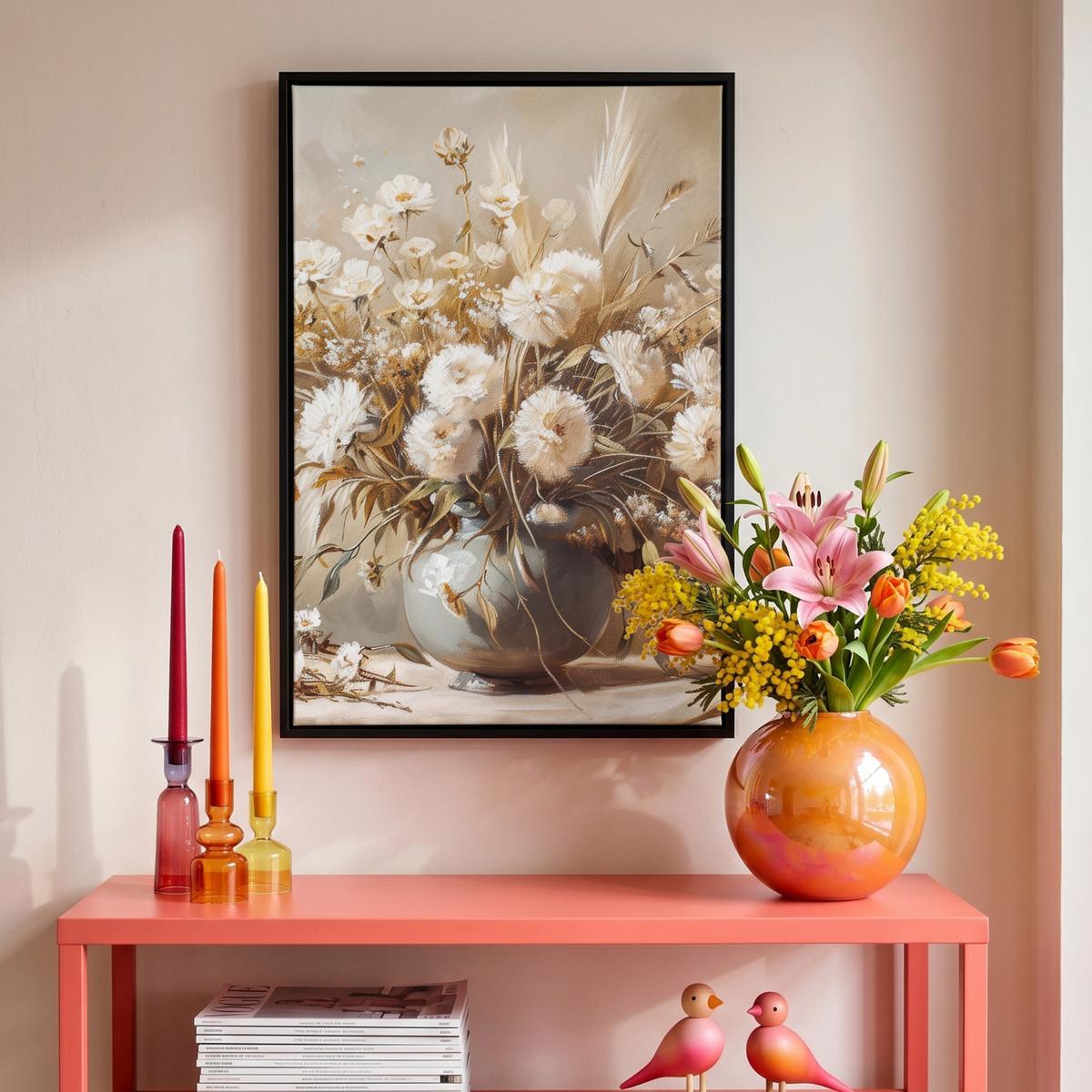 LEINWAND Bilder mit Rahmen - Blumen - Vase - Stilleben - Beige - 40x60 - Creme, Textil (40/60cm) - MuchoWow