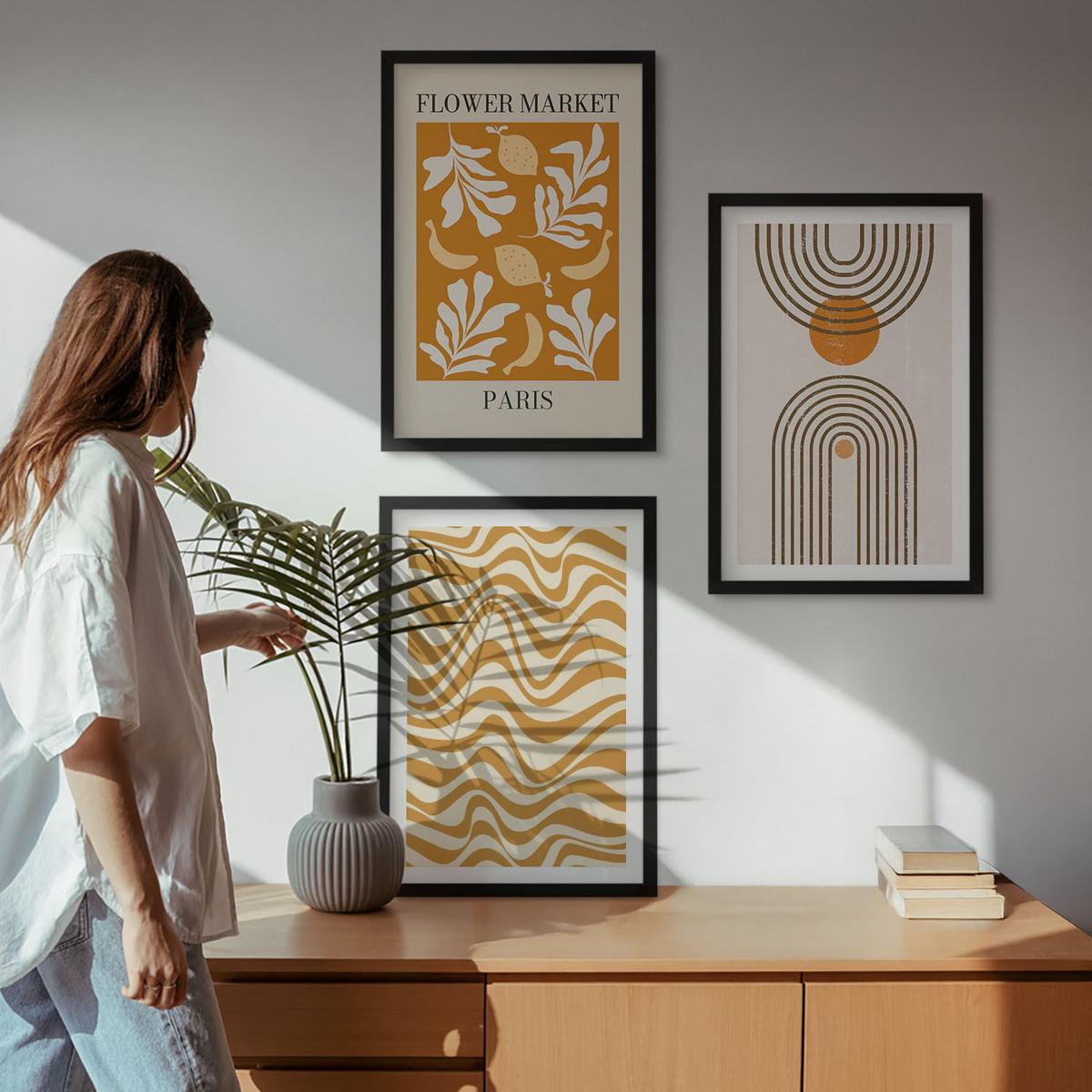 BILDER SET 3er Set - 40x60 cm Schwarzer Rahmen - Poster mit geometrischen Pflanzenmustern - Schwarz, Kunststoff (40/60cm) - TULUP
