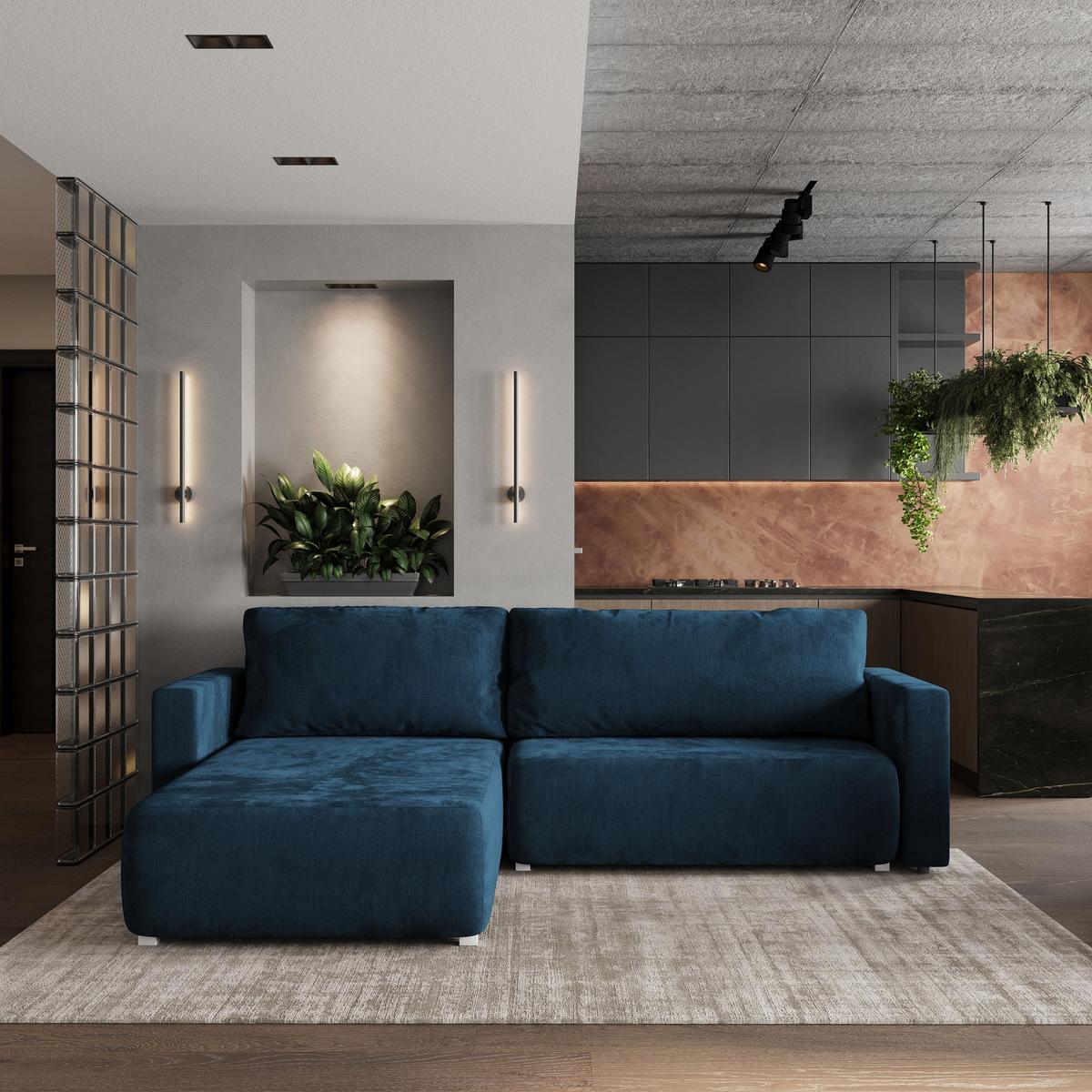 ECKSOFA TURIN M Blau Velours-Stoff mit Schlaffunktion - Blau/Grau, Holz/Kunststoff (265/183cm) - MASSENO