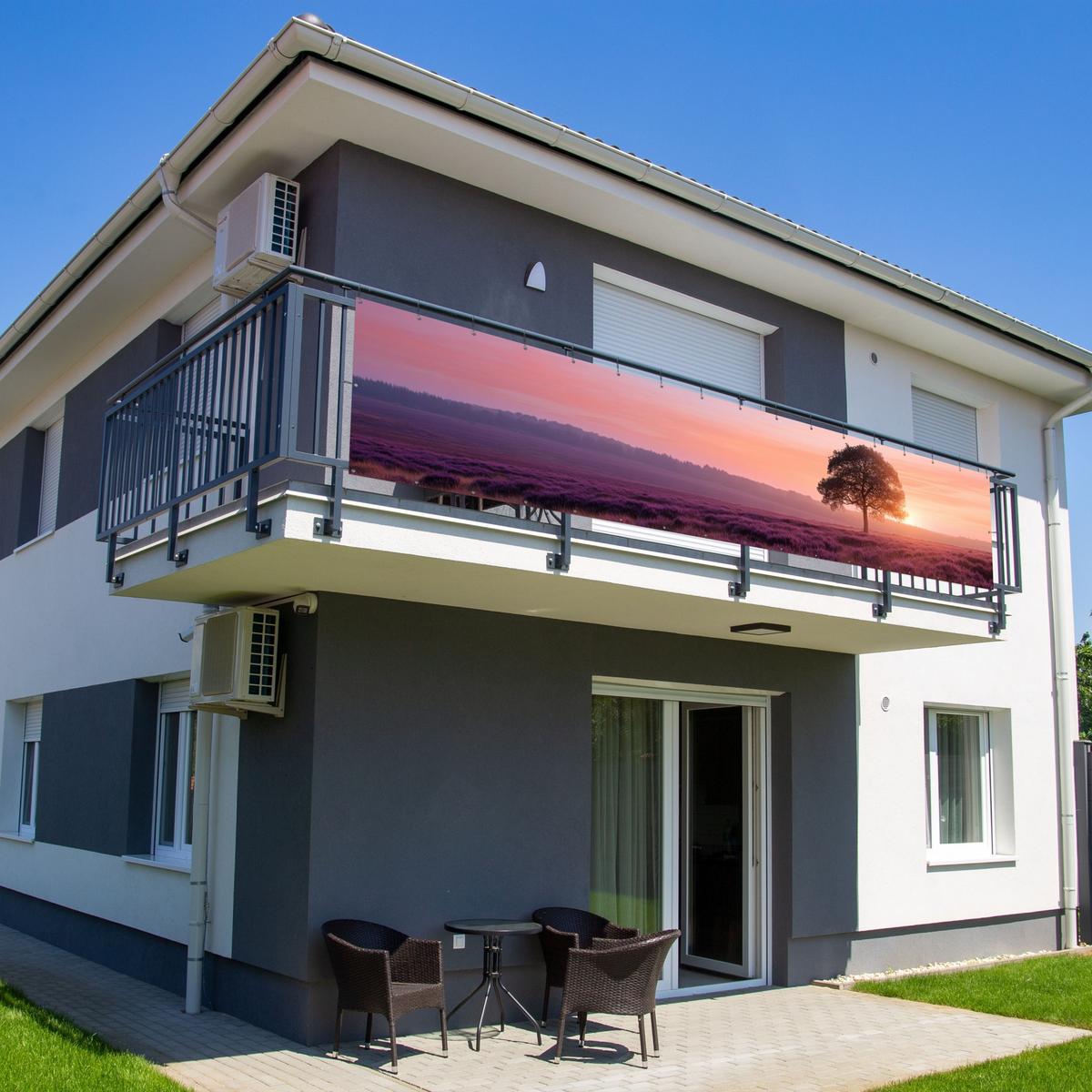 BALKON-SICHTSCHUTZ Baum - Heidekraut - Sonnenaufgang Deko XXL 500x110 cm - Flieder, Kunststoff (500/110cm) - MuchoWow