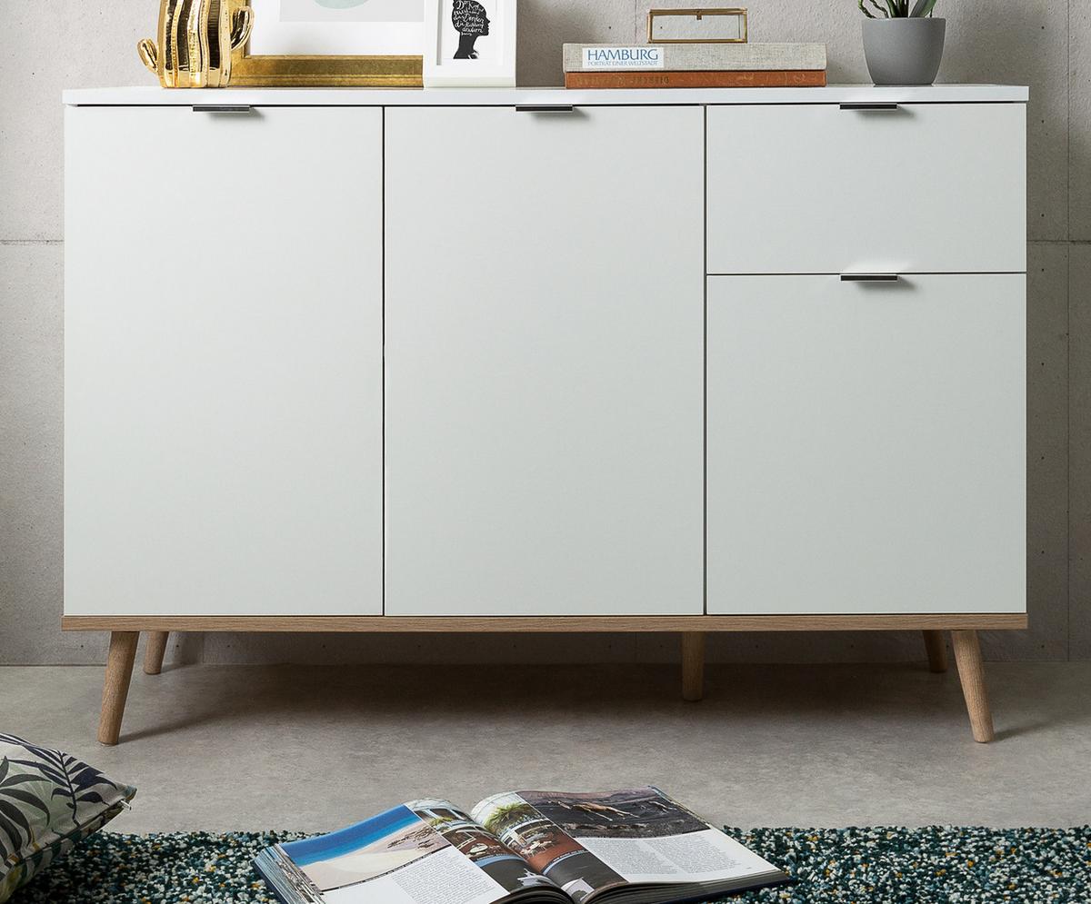 KOMMODE weiß matt, Eiche Sonoma massiv 120 cm, Sideboard 3-türig - Chromfarben/Eichefarben, Holz/Holzwerkstoff (120/85/40cm) - Furn.Design
