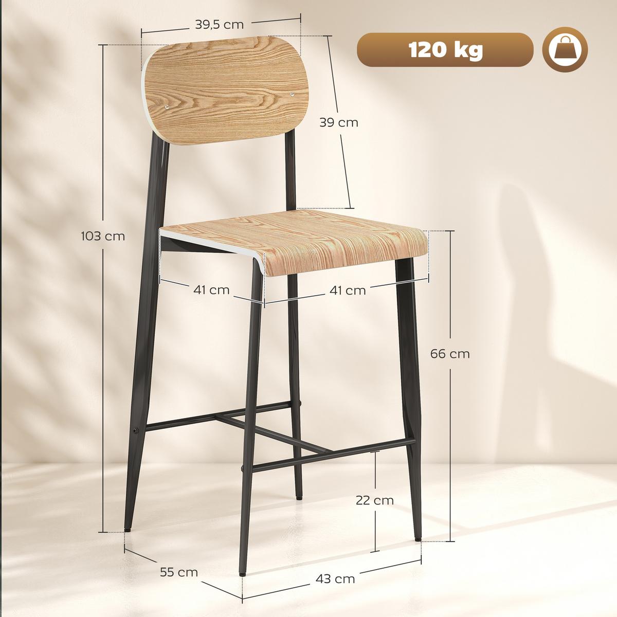 BARHOCKER 2er Set, Barstuhl mit Metallgestell, Küchenstuhl mit Sitzhöhe 66 cm - Naturfarben, Metall (43/103/55cm) - HOMCOM