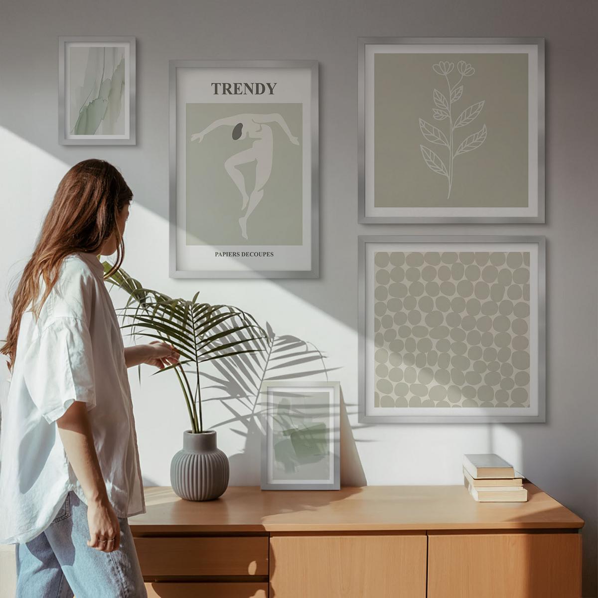 BILDER SET 5er Set - 50x50 cm & 20x30 cm & 40x60 cm Silberner Rahmen - Abstrakte Aquarellpflanzen - Silberfarben, Kunststoff (40/60cm) - TULUP