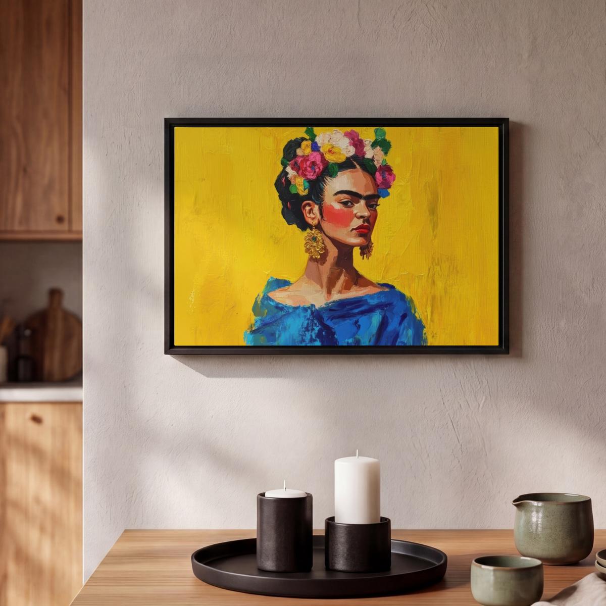 LEINWAND Bilder mit Rahmen - Frida Kahlo - Frau - Gelb - Blau - Blumen - 30x20 - Gelb, Textil (30/20cm) - MuchoWow