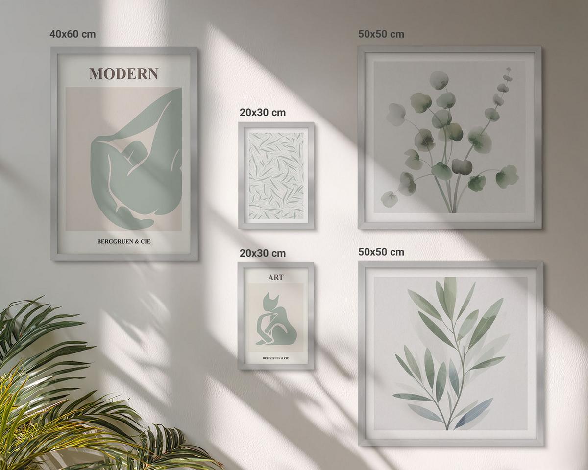 BILDER SET 5er Set - 50x50 cm & 20x30 cm & 40x60 cm Silberner Rahmen - Pflanzenmotive, zartes Grün - Silberfarben, Kunststoff (40/60cm) - TULUP