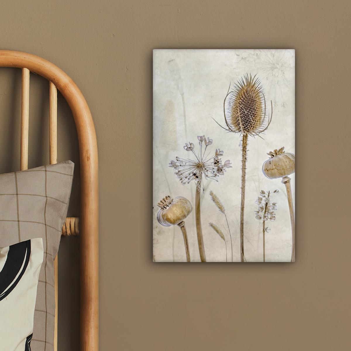 LEINWANDBILD Blumen - Aquarell - Stilleben - Braun - Vintage Deko Wohnzimmer 20x30 cm - Beige, Textil (20/30cm) - MuchoWow