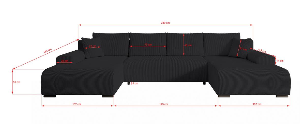 WOHNLANDSCHAFT Nelly U mit Bettkasten und Schlaffunktion, Cordstoff in U-Form - Schwarz, Textil (349/80/185cm)
