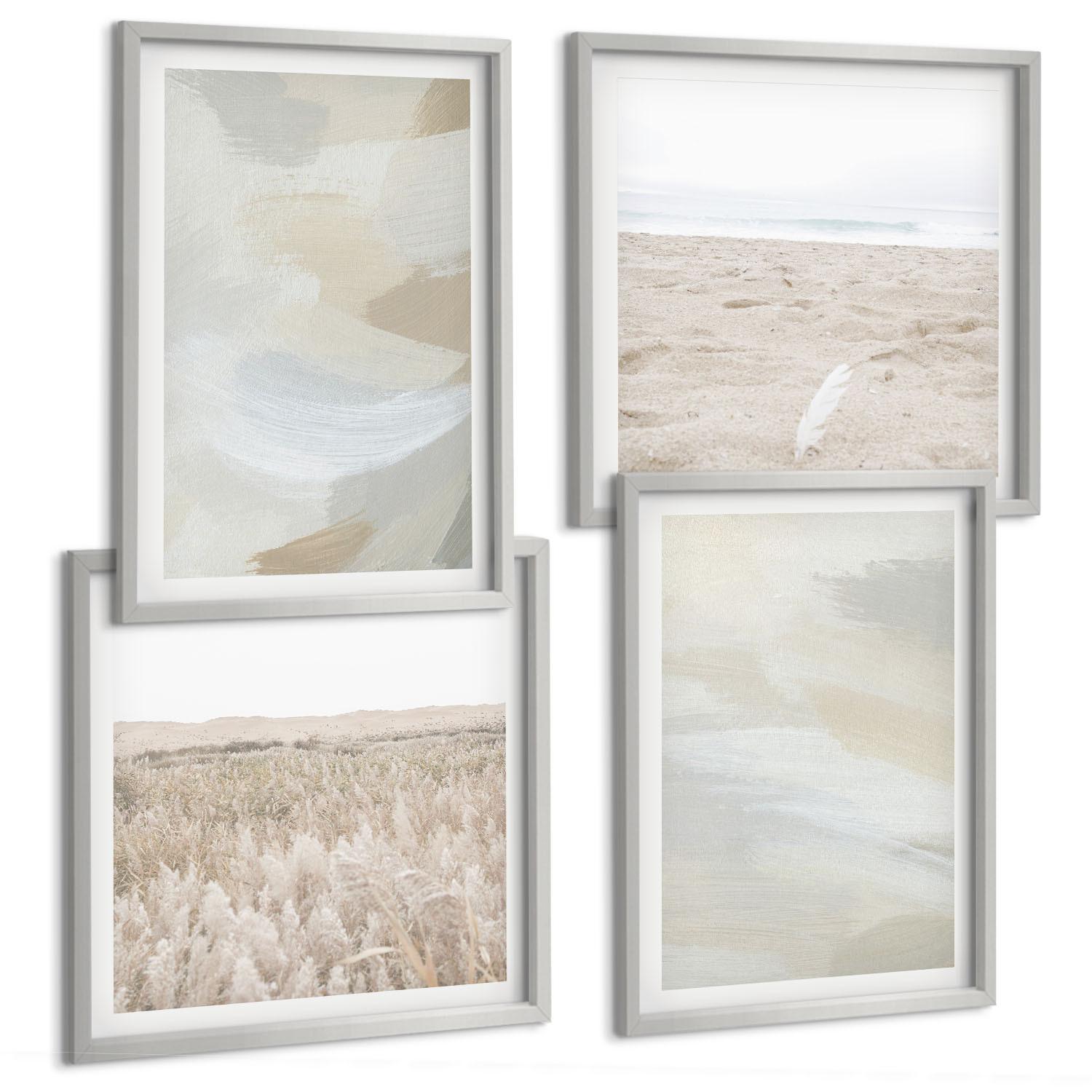 BILDER SET 4er Set - 50x50 cm & 40x60 cm Silberner Rahmen - Abstrakter Hintergrund mit feinen Strichen - Silberfarben, Kunststoff (50/50cm) - TULUP