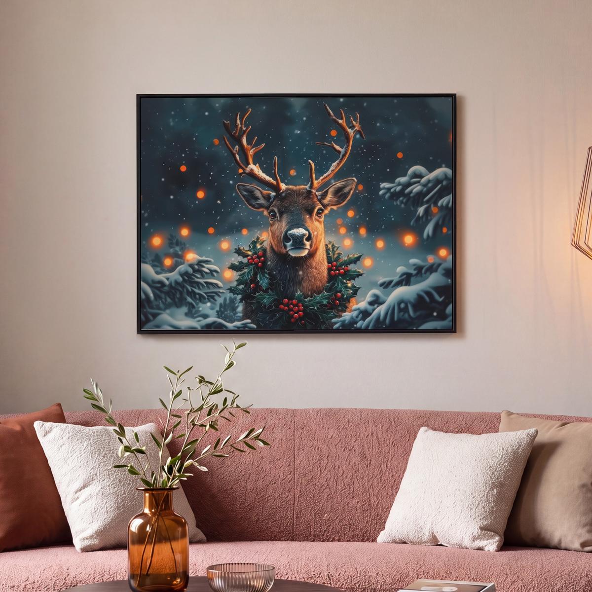 LEINWAND Bilder mit Rahmen - Hirsch - Weihnachten - Winter - Schnee - Weihnachtskranz - 80x60 - Dunkelbraun, Textil (80/60cm) - MuchoWow