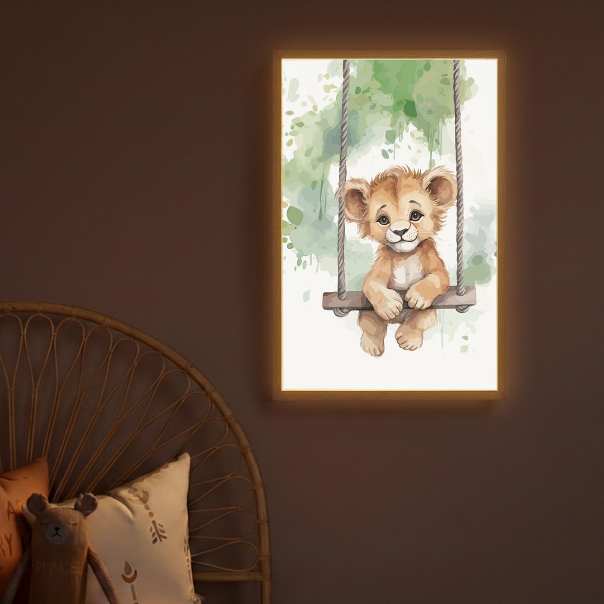 WANDLEUCHTE MIT AKKU Löwe - Tier - Kinder - Dschungel 40x60 cm - Weiß, Holzwerkstoff (40/60/8cm) - OnlyWow