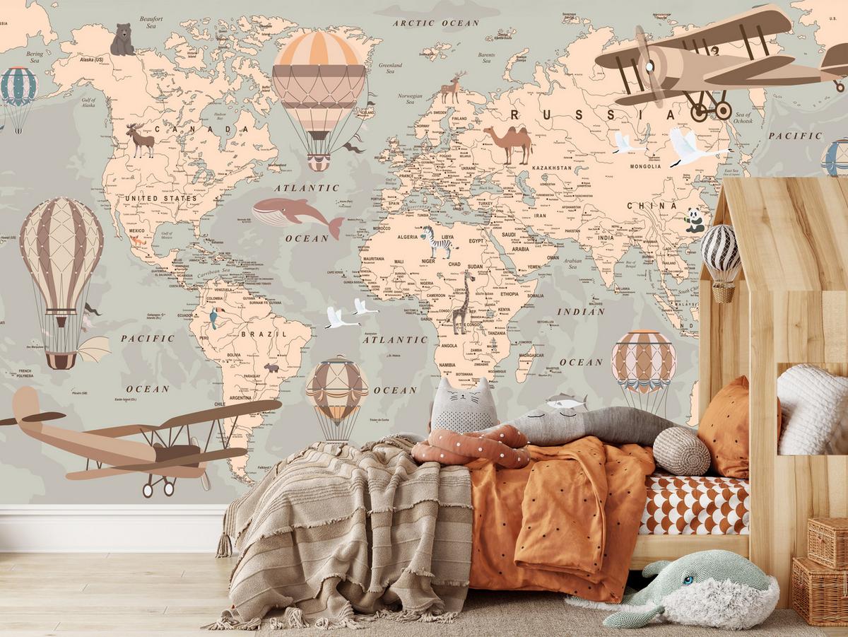 FOTOTAPETE für Kinderzimmer Retro Weltkarte Balony Flugzeuge 100x70 - Beige/Orange, Papier (100/70cm) - Muralo
