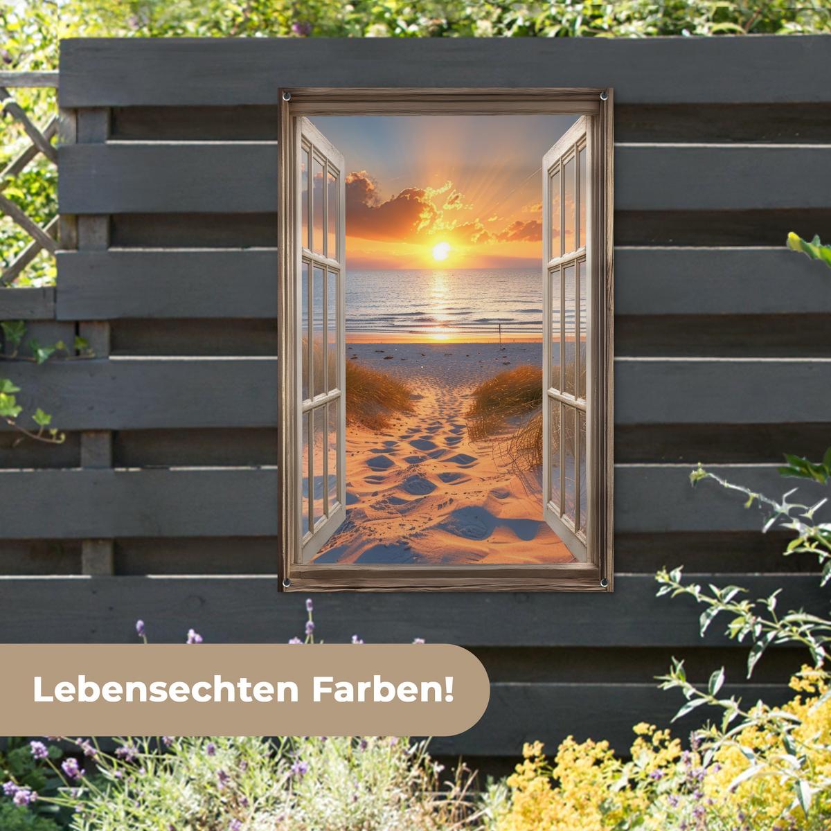 GARTENPOSTER Durchblick - Strand - Dünen - Sonnenuntergang Outdoor Bilder 80x120 cm - Orange, Kunststoff (80/120/0.2cm) - OnlyWow