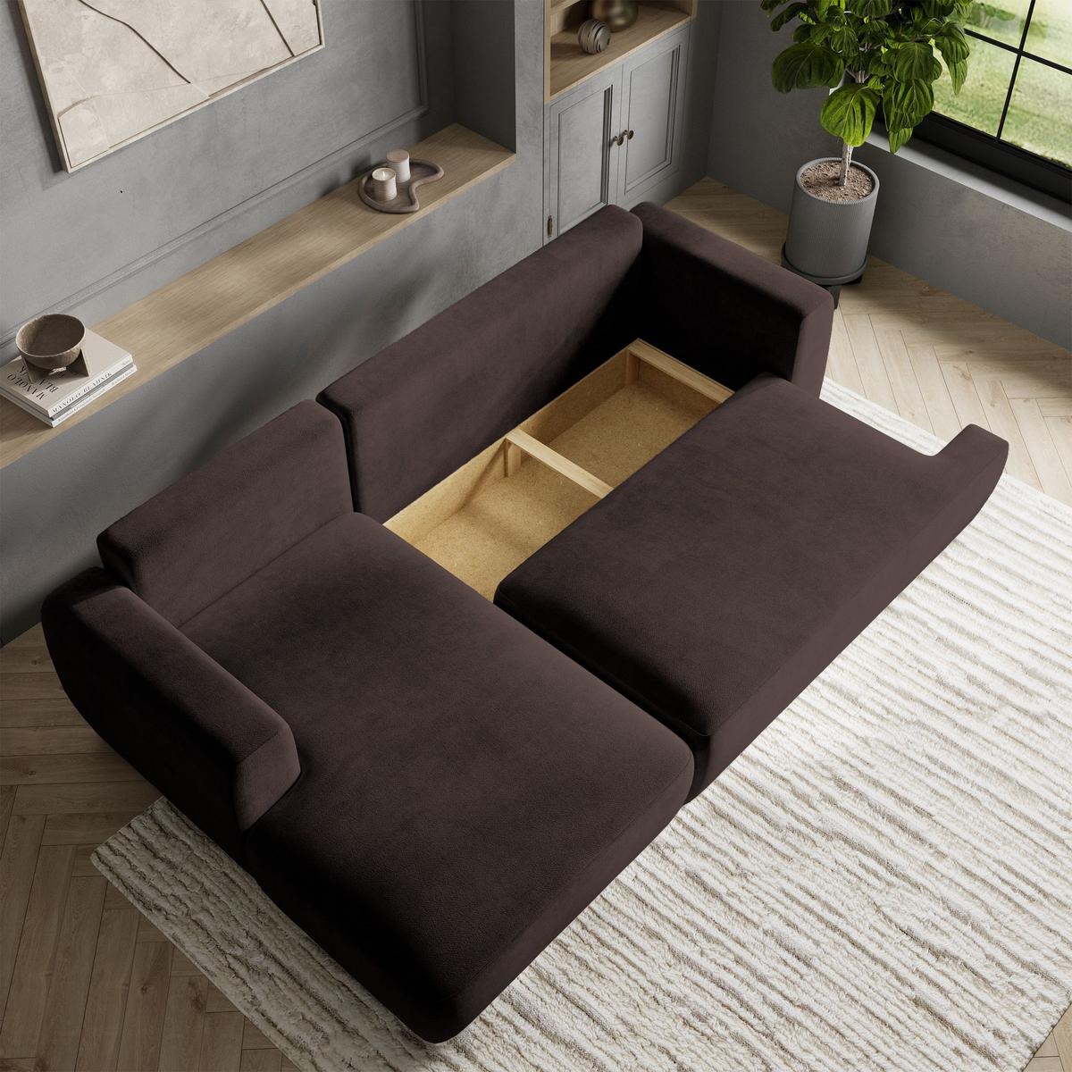 ECKSOFA SENTI K L-S Braun Plüsch-Stoff mit Schlaffunktion - Schwarz/Braun, Holz/Kunststoff (246/148cm) - MASSENO
