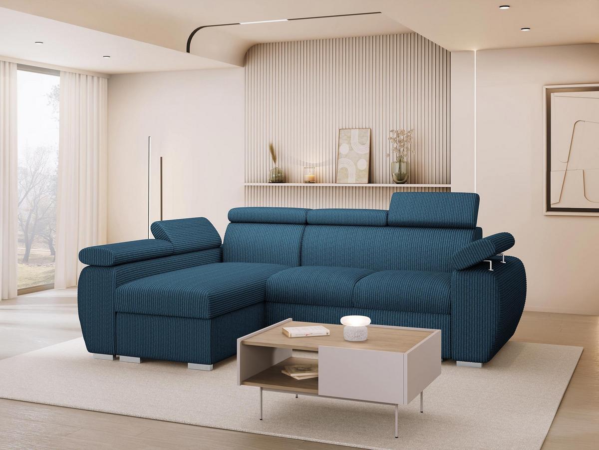 ECKSOFA Boston Mini Premium Cord 2RLC, Seite: Links LC+2R - Blau/Chromfarben, Holz/Textil (255/170cm) - MIRJAN24