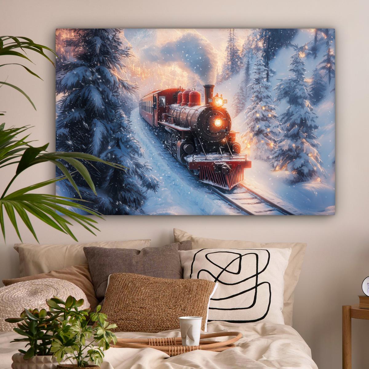 LEINWANDBILD Weihnachtszug - Schnee - Winter - Weihnachten Groß 140x90 cm - Dunkelrot, Textil (140/90cm) - MuchoWow