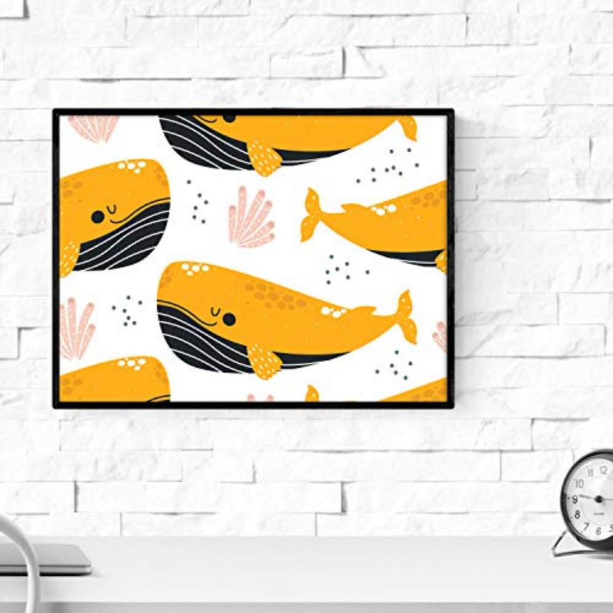 POSTER Set mit 4 Orange graue rosa Wale A3 Schwarzer Rahmen - Schwarz, Papier (29.7/3cm) - Nacnic