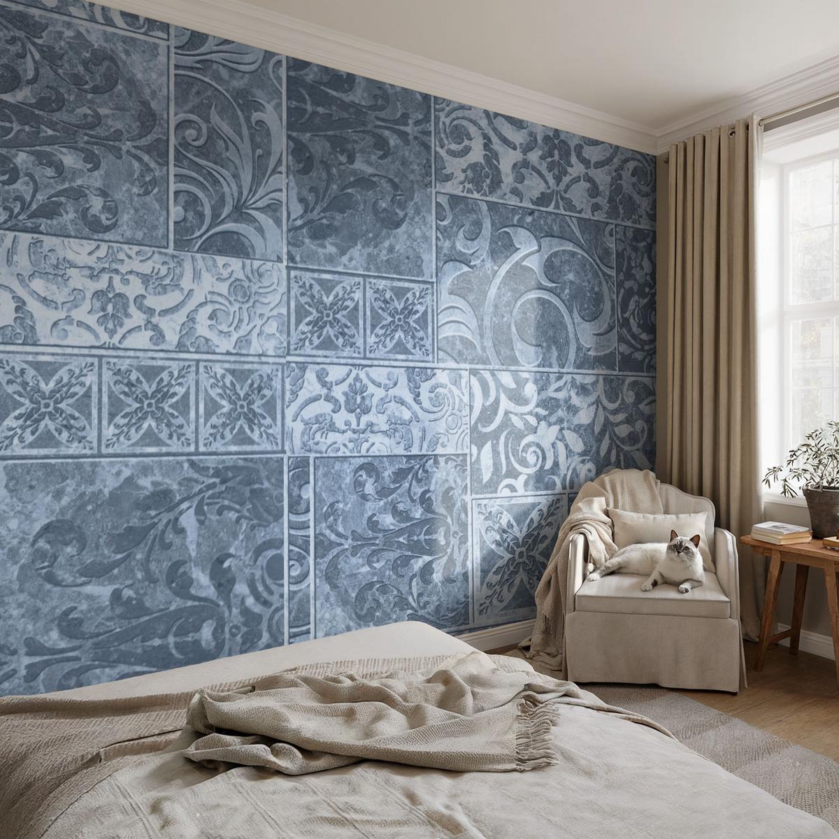 FOTOTAPETE 312x219 cm - Pflanzenornamente - Blau, Textil (312/219cm) - Wallfluent