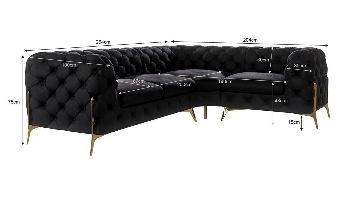 ECKSOFA Chesterfield Lexi Schwarz Samt, Ottomane rechts - Goldfarben/Schwarz, Holz/Textil (264/204cm) - S-Style Möbel