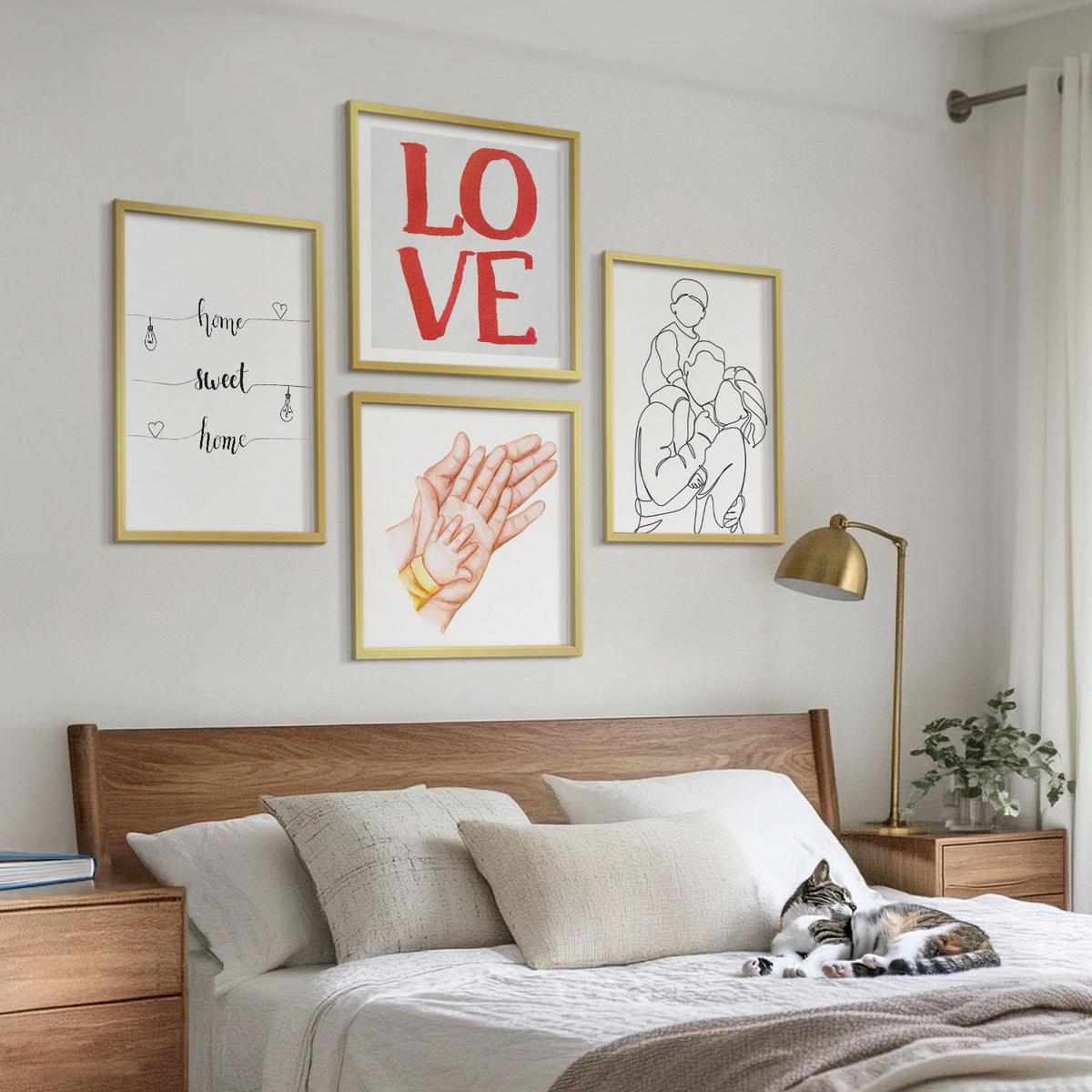 BILDER SET 4er Set - 50x50 cm & 40x60 cm Goldrahmen - Familienillustrationen Hausschilder - Goldfarben, Kunststoff (50/50cm) - TULUP