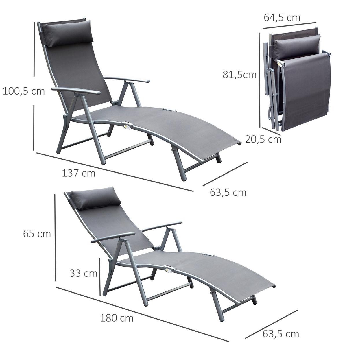 SONNENLIEGE, klappbar, mit Kissen, 137 x 63,5 x 100,5 cm, Metall, Stoff, Grau - Grau, Kunststoff (63.5/100.5/137cm) - Outsunny