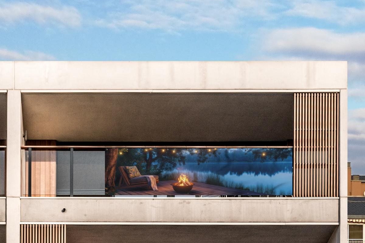 BALKON-SICHTSCHUTZ Lagerfeuer - See - Abendlicht Witterungsbeständig 300x75 cm - Dunkelblau, Kunststoff (300/75cm) - MuchoWow