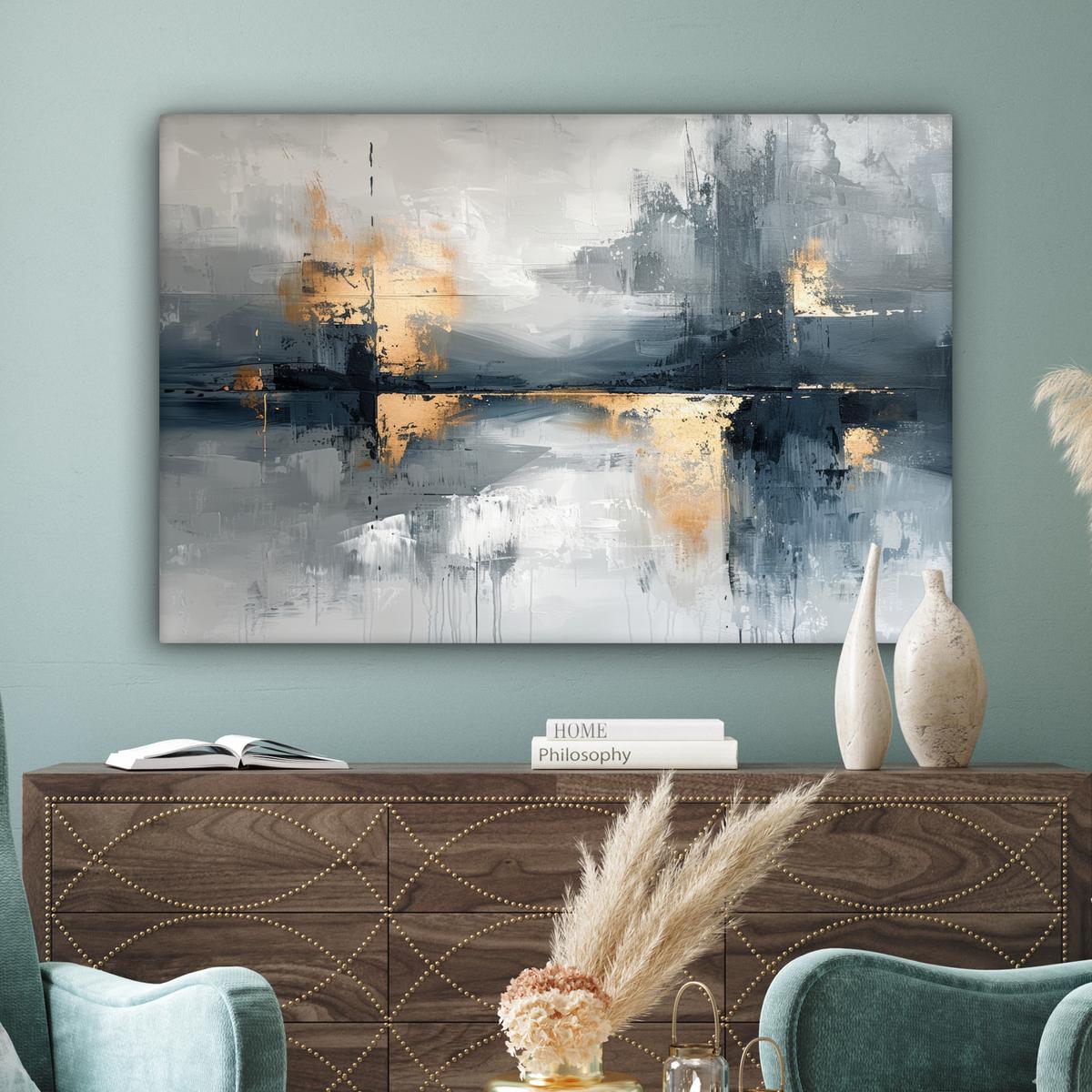 LEINWANDBILD Kunst - Grau - Gold - Abstrakt Wohnzimmer Groß 120x80 cm - Dunkelgrau, Textil (120/80cm) - MuchoWow