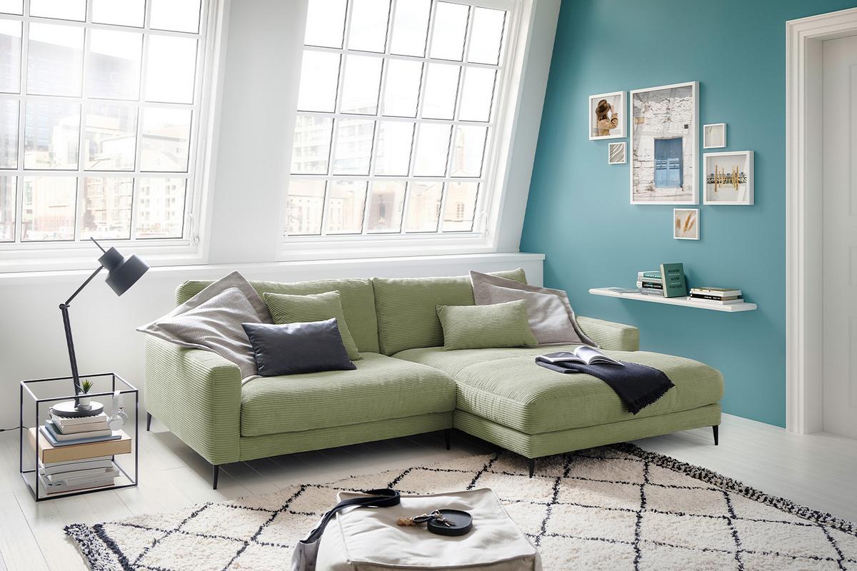 ECKSOFA CARA Grün Cord - Schwarz/Olivgrün, Textil/Metall (272/190cm) - KAWOLA