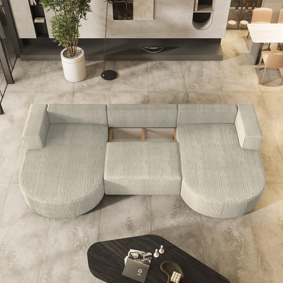 WOHNLANDSCHAFT VEZZO P Creme Kordstoff mit Schlaffunktion - Creme/Grau, Holz/Kunststoff (347/85/174cm) - MASSENO