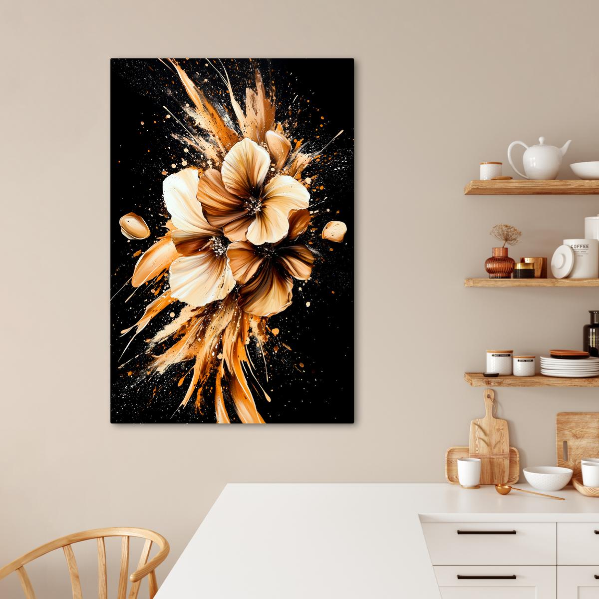LEINWANDBILD Blumen - Gold - Graffiti - Schwarz - Abstrakt Deko XXL 80x120 cm - Cappuccino, Textil (80/120cm) - MuchoWow