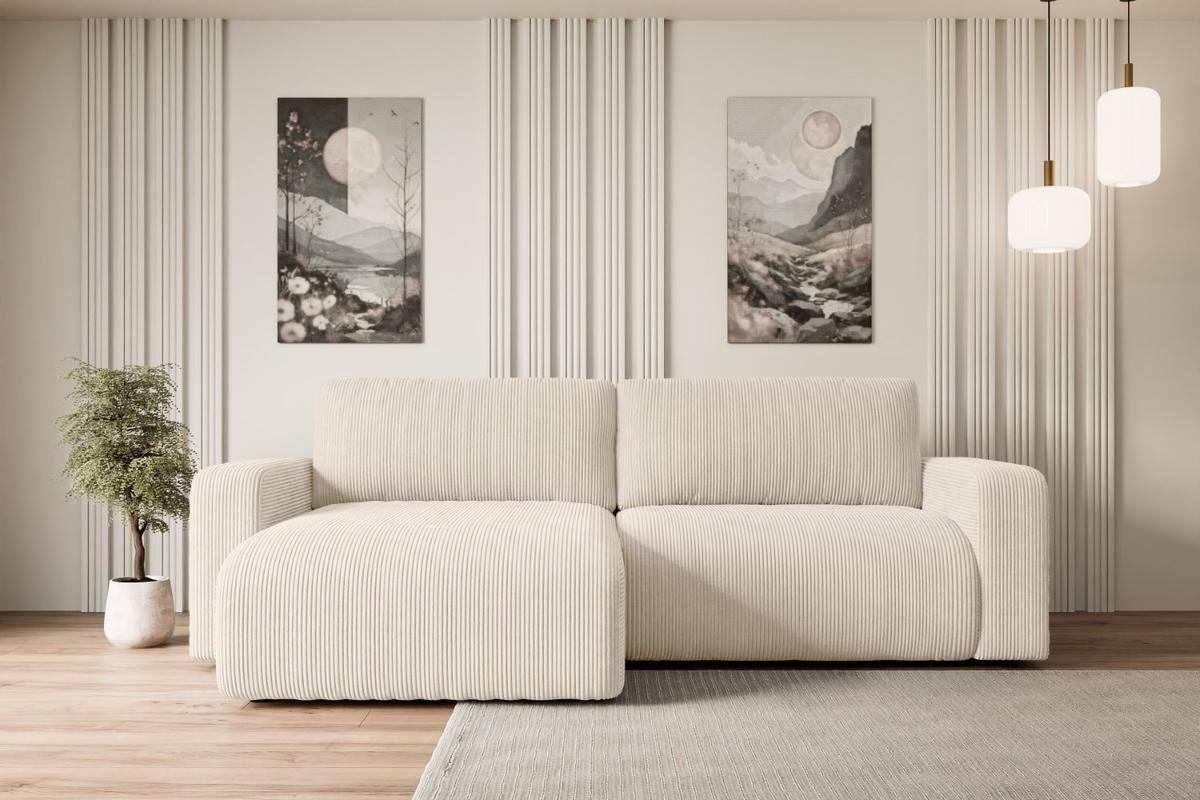 ECKSOFA mit Schlaffunktion und Bettkasten KLEEA-L - 247x143x83 cm Beige Cord - Beige/Schwarz, Holzwerkstoff/Kunststoff (247/143cm) - ALTDECOR