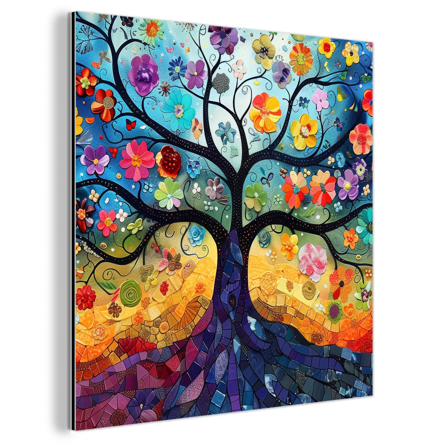 METALLBILD Kunst - Baum des Lebens - Blumen - Hippie 90x90 cm - Dunkelblau, Metall (90/90cm) - MuchoWow