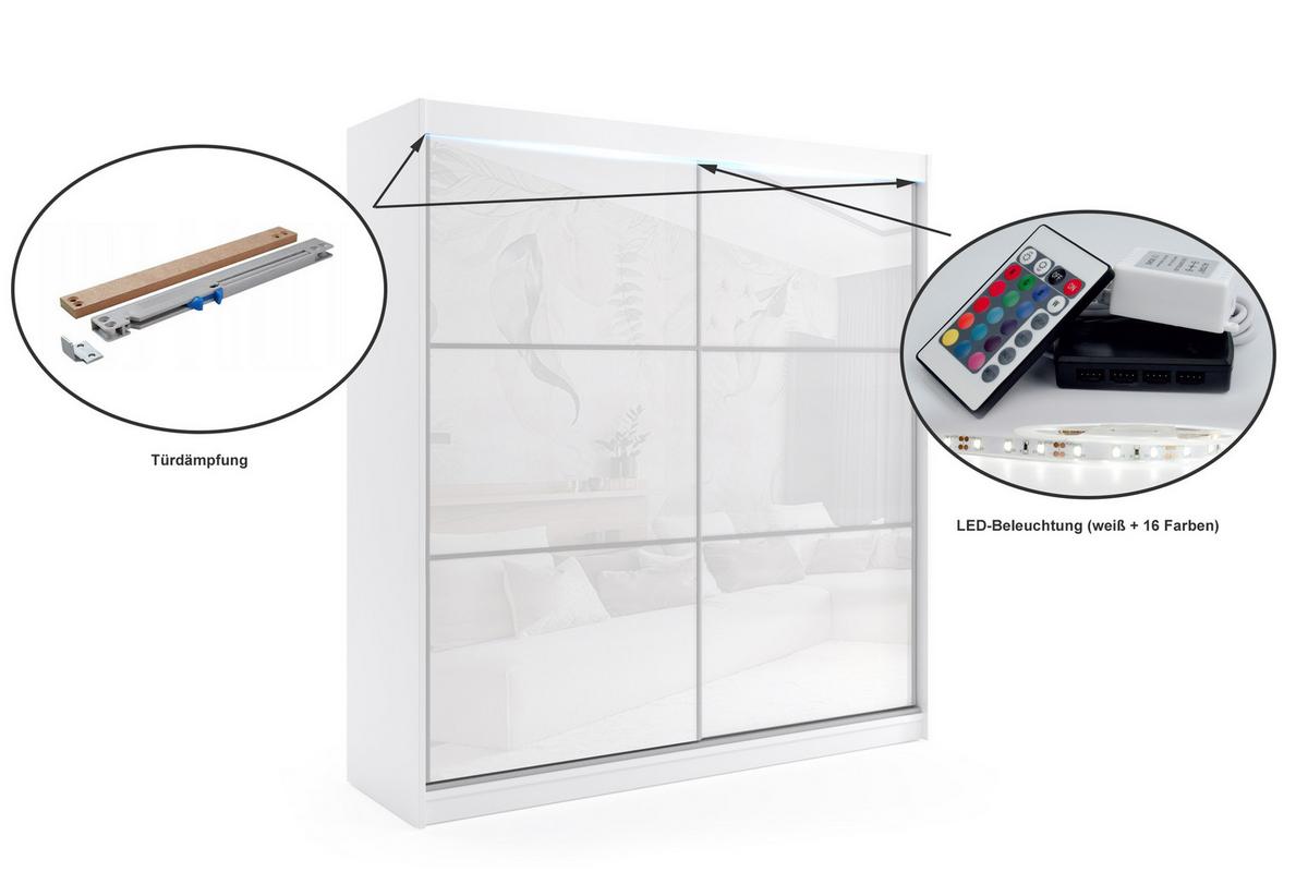 KLEIDERSCHRANK mit Lacobel-Schiebetüren und Aluminium- Leisten, LED-Beleuchtung - VIVI - 200 cm Schwarz - Schwarz, Holzwerkstoff (200/216/61cm) - ALTDECOR