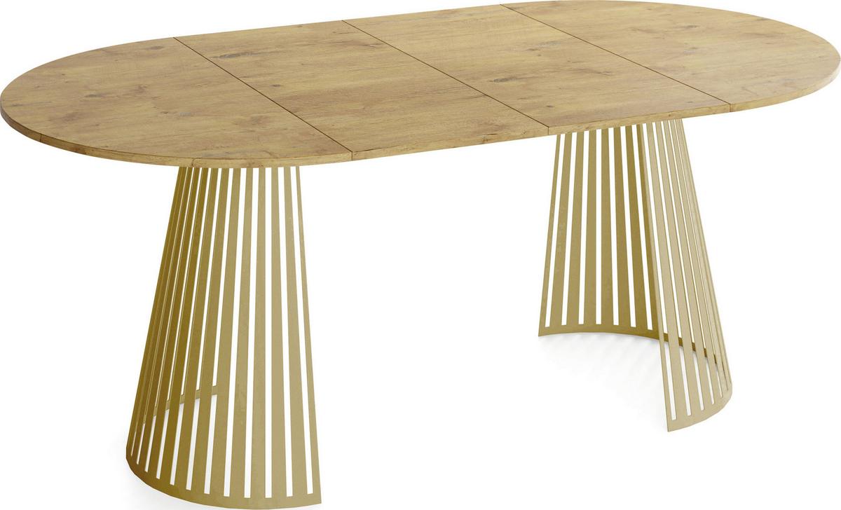 ESSTISCH Naro rund ausziehbar mit Goldenem Lamellen-Metallgestell, Braun 120-200/120/76 cm - Eichefarben/Goldfarben, Holzwerkstoff/Metall (120/196/76cm) - WFL GROUP
