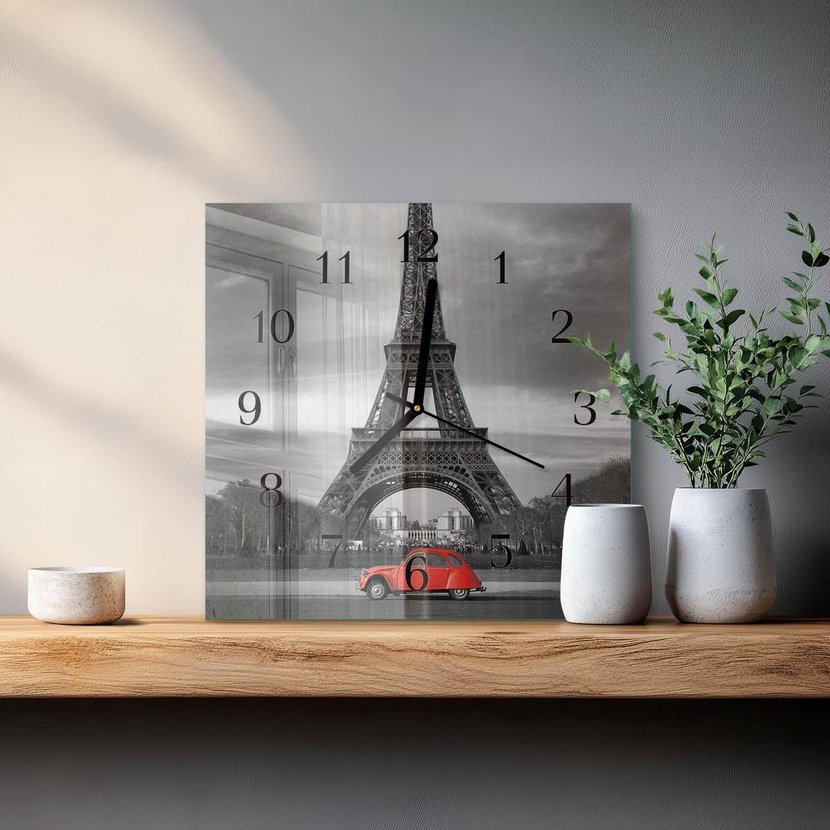 WANDUHR aus Glas 30x30 cm - Eiffelturm-Auto - Rot, Glas (30/30/0.4cm) - TULUP