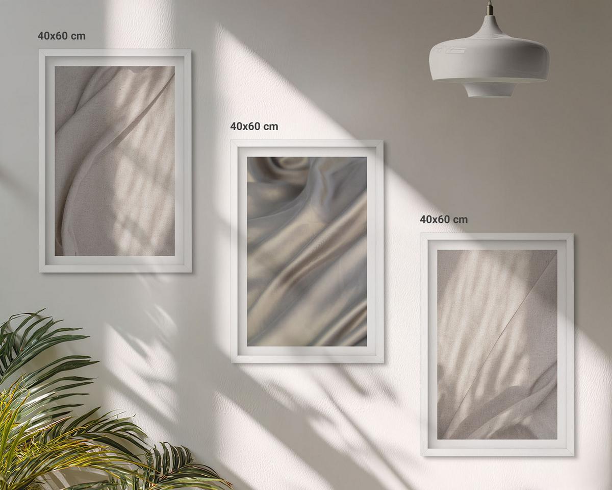 BILDER SET 3er Set - 40x60 cm Weißer Rahmen - Nahaufnahme von natürlichen Boho-Stoffen - Weiß, Kunststoff (40/60cm) - TULUP