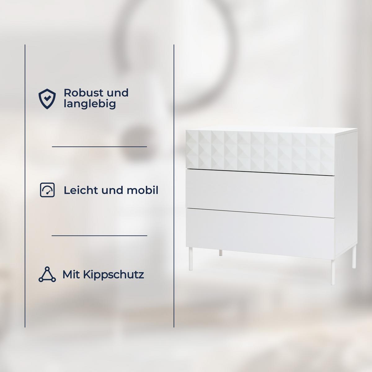 KOMMODE Holz mit 3 Schubladen, Weiß, 80 × 40 × 75 cm - Weiß, Holzwerkstoff/Metall (80/75/40cm) - Hometopia