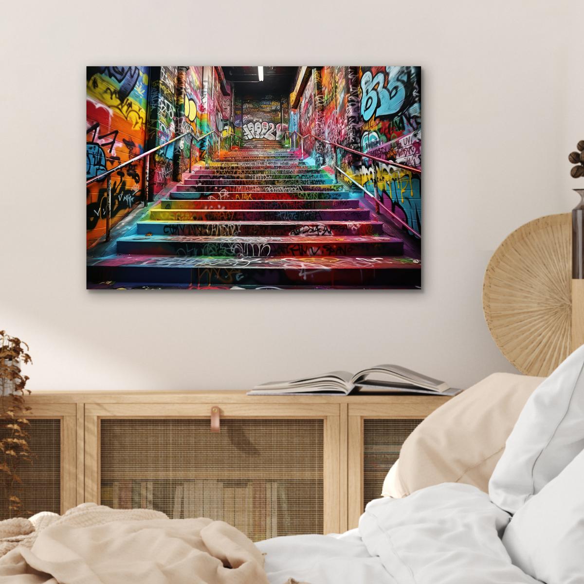 METALLBILD Treppe - Graffiti - Farben - Kunst Wandbild 60x40 cm - Multicolor, Metall (60/40cm) - MuchoWow