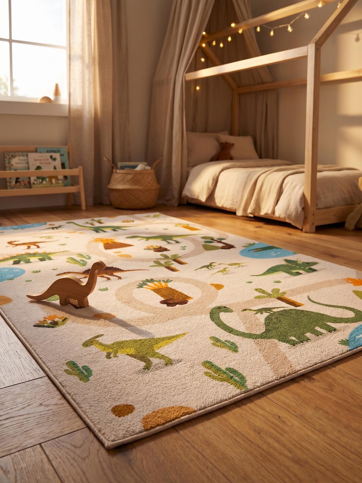 SPIELTEPPICH Waschbar TINO in Beige, mit Dino-Landschaft, 140 x 200 cm - Beige, Textil (200/140cm) - KADIMA DESIGN