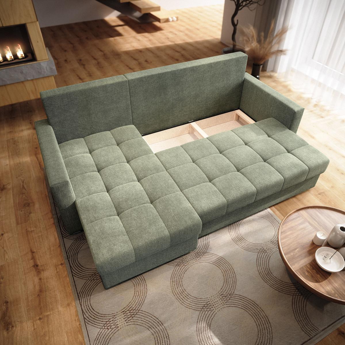 ECKSOFA NIDA Grün Geflochtener Stoff mit Schlaffunktion - Grün, Holz (220/143cm) - MASSENO