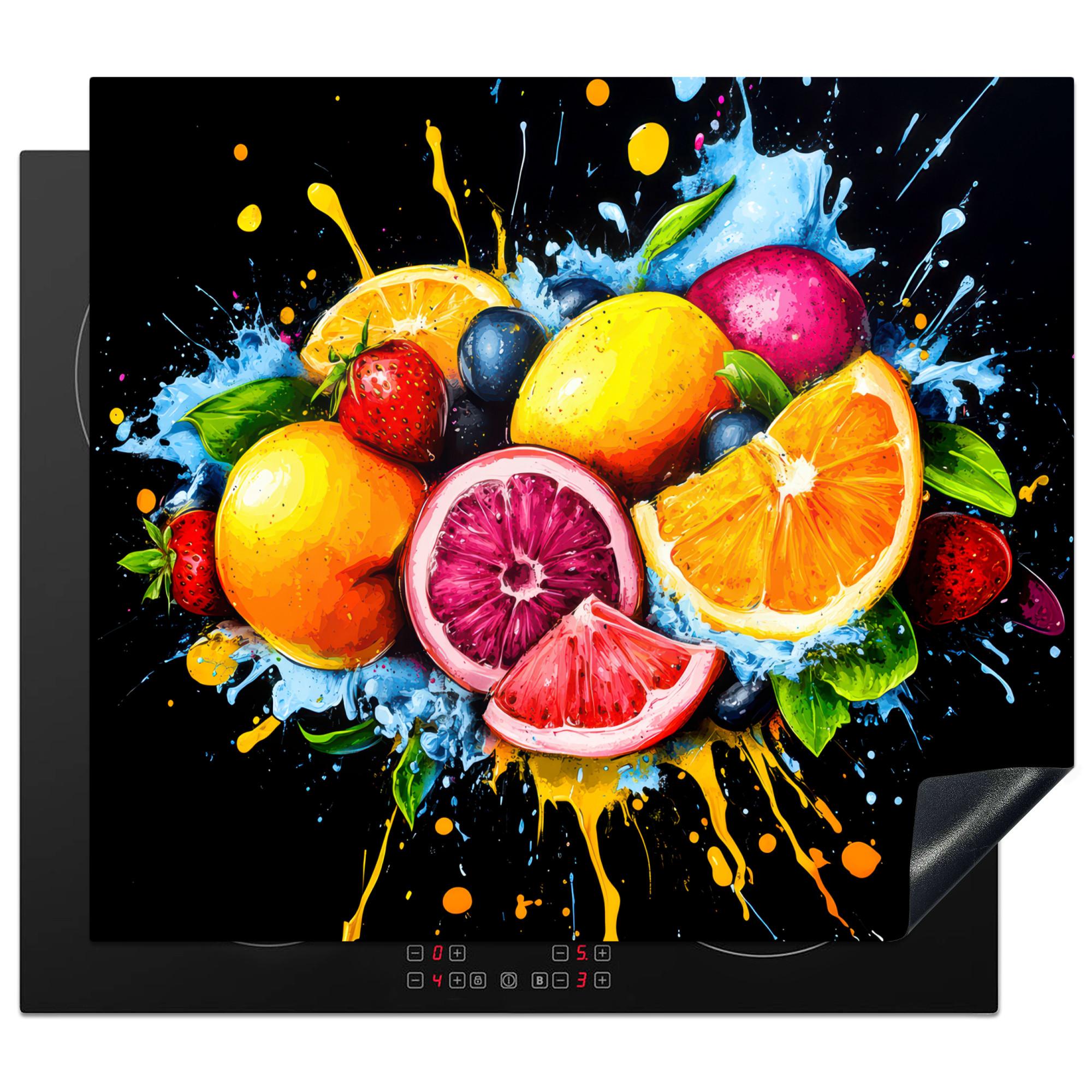HERDABDECKPLATTE Obst - Graffiti - Bunt - Orange - Erdbeere - Abstrakt Abdeckung Ceranfeld 58.3x51.3 cm - Orange, Kunststoff (58.3/51.3/0.2cm) - MuchoWow